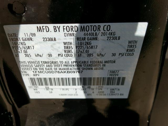 1FMCU0D78AKB09767 - 2010 FORD ESCAPE XLT BLACK photo 10