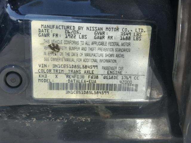 3N1CB51D85L584599 - 2005 NISSAN SENTRA 1.8 BLACK photo 10