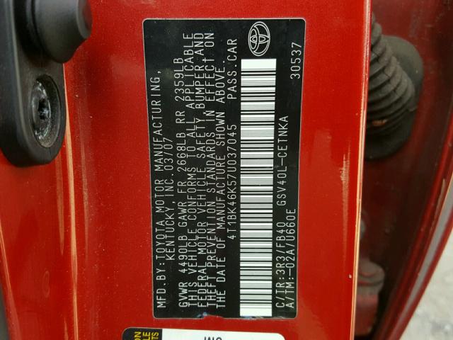 4T1BK46K57U037045 - 2007 TOYOTA CAMRY NEW RED photo 10