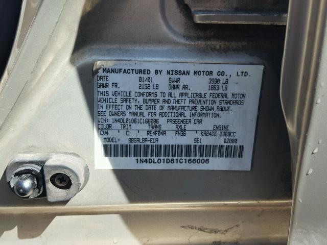 1N4DL01D61C166006 - 2001 NISSAN ALTIMA XE TAN photo 10