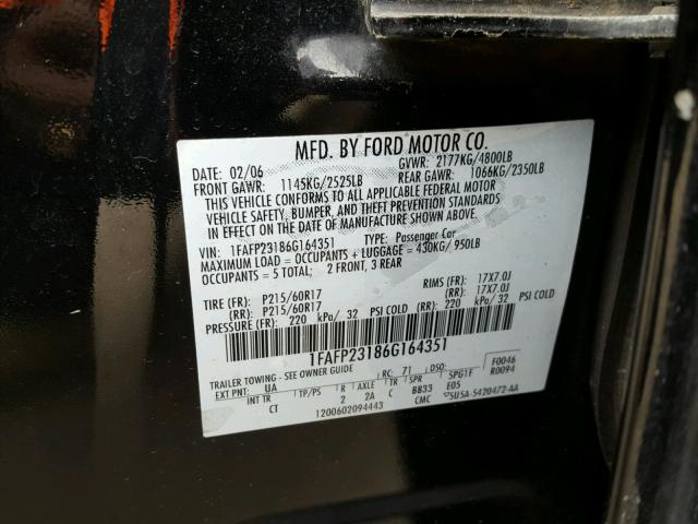 1FAFP23186G164351 - 2006 FORD FIVE HUNDR BLACK photo 10