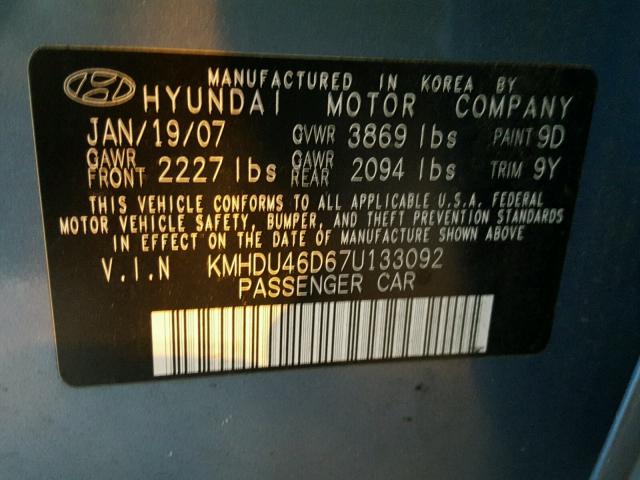 KMHDU46D67U133092 - 2007 HYUNDAI ELANTRA GL BLUE photo 10