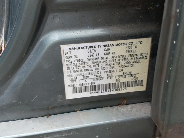 1N4AL11D16N369325 - 2006 NISSAN ALTIMA S GREEN photo 10