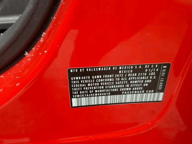 3VW2K7AJ9EM404810 - 2014 VOLKSWAGEN JETTA BASE 红色 照片 10