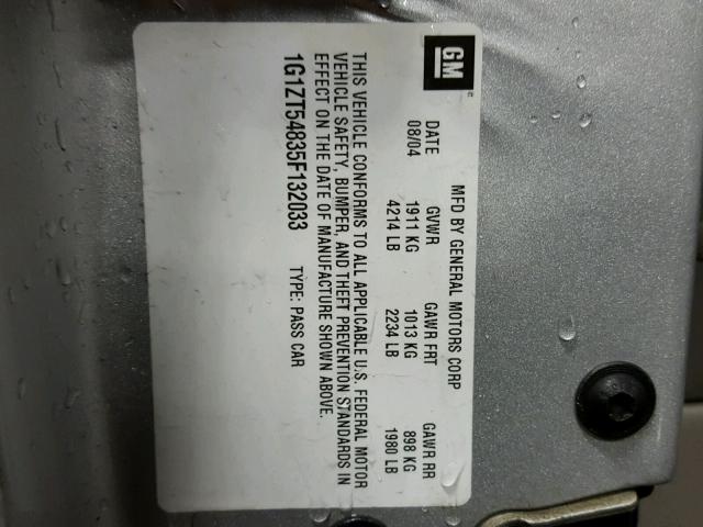 1G1ZT54835F132033 - 2005 CHEVROLET MALIBU LS ნაცრისფერი ფოტო 10