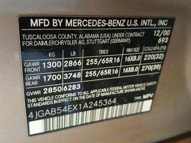 4JGAB54EX1A245364 - 2001 MERCEDES-BENZ ML 320 GOLD photo 10