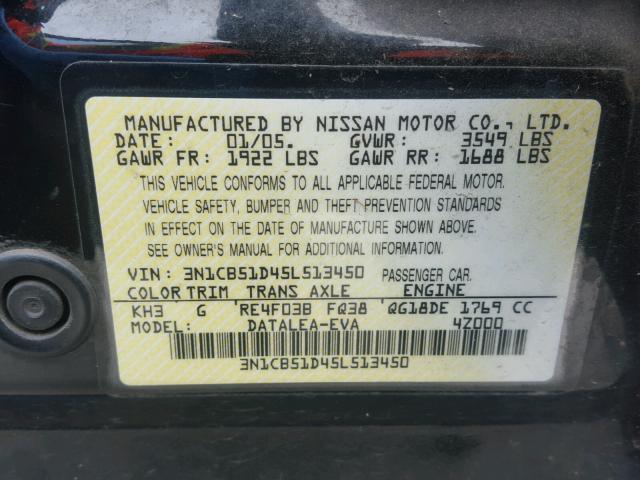 3N1CB51D45L513450 - 2005 NISSAN SENTRA 1.8 BLACK photo 10