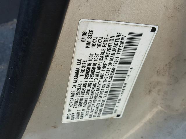 5FNRL38256B117251 - 2006 HONDA ODYSSEY LX SILVER photo 10