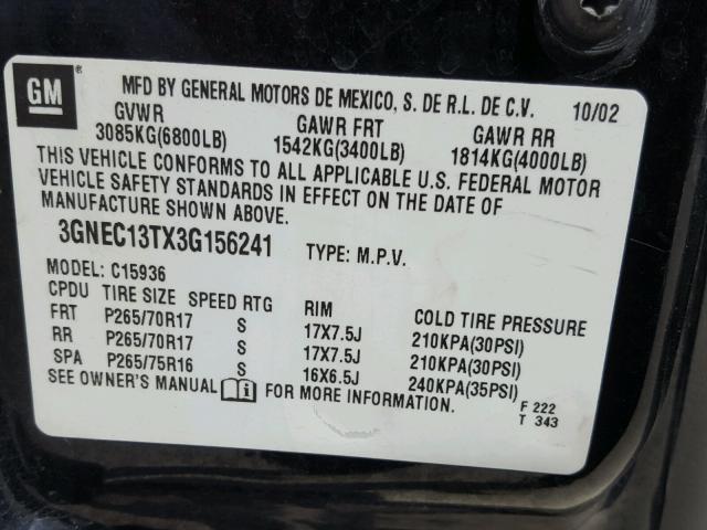 3GNEC13TX3G156241 - 2003 CHEVROLET AVALANCHE BLACK photo 10