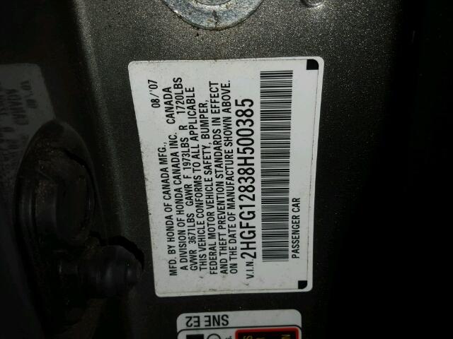 2HGFG12838H500385 - 2008 HONDA CIVIC EX Թուխ լուսանկար 10