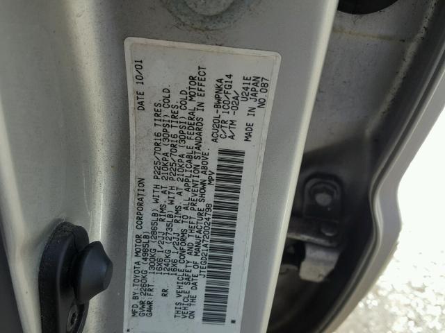 JTEGD21A720024798 - 2002 TOYOTA HIGHLANDER SILVER photo 10