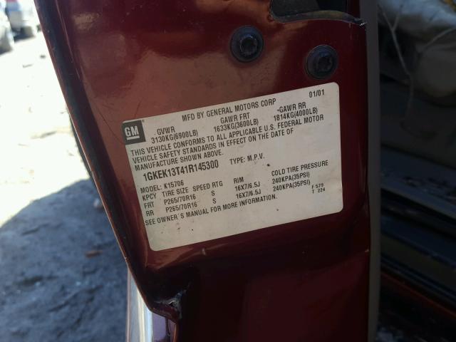 1GKEK13T41R145300 - 2001 GMC YUKON RED photo 10