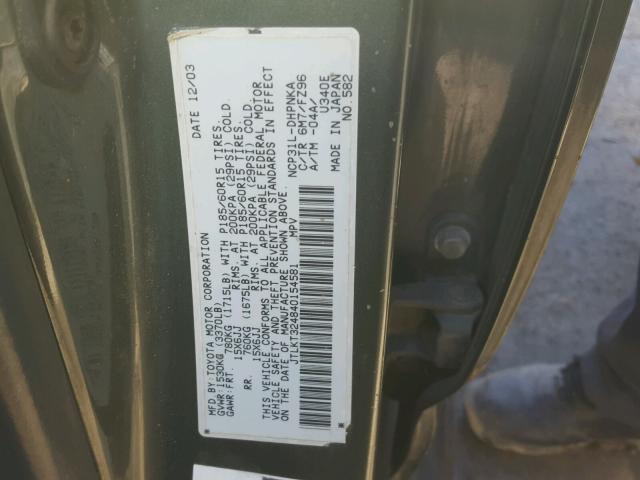 JTLKT324840154581 - 2004 TOYOTA SCION XB GREEN photo 10