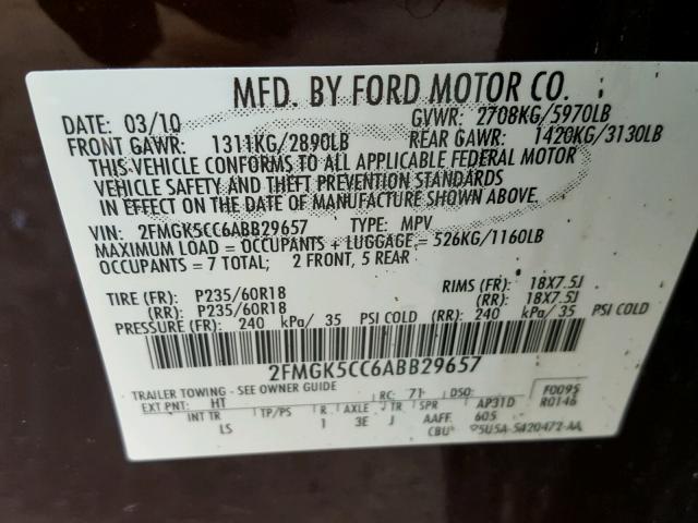 2FMGK5CC6ABB29657 - 2010 FORD FLEX SEL მუქწითელი ფოტო 10