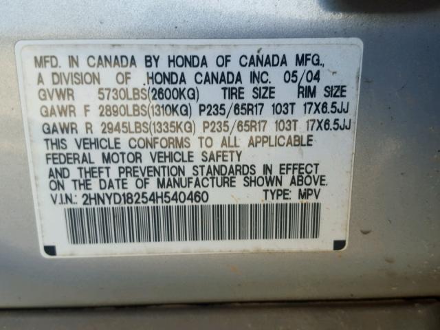 2HNYD18254H540460 - 2004 ACURA MDX SILVER photo 10