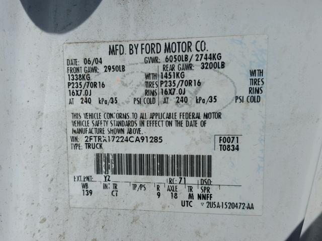 2FTRX17224CA91285 - 2004 FORD F-150 HERI WHITE photo 10