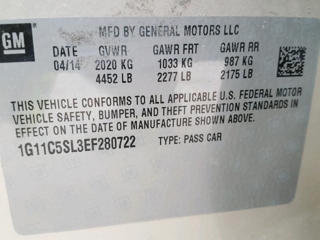 1G11C5SL3EF280722 - 2014 CHEVROLET MALIBU 1LT TAN photo 10