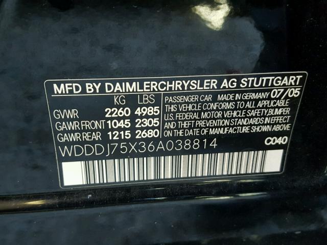 WDDDJ75X36A038814 - 2006 MERCEDES-BENZ CLS 500C BLACK photo 10