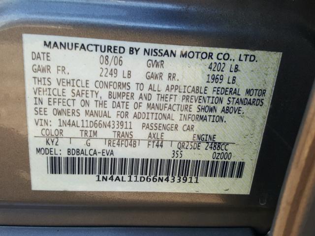 1N4AL11D66N433911 - 2006 NISSAN ALTIMA S GRAY photo 10