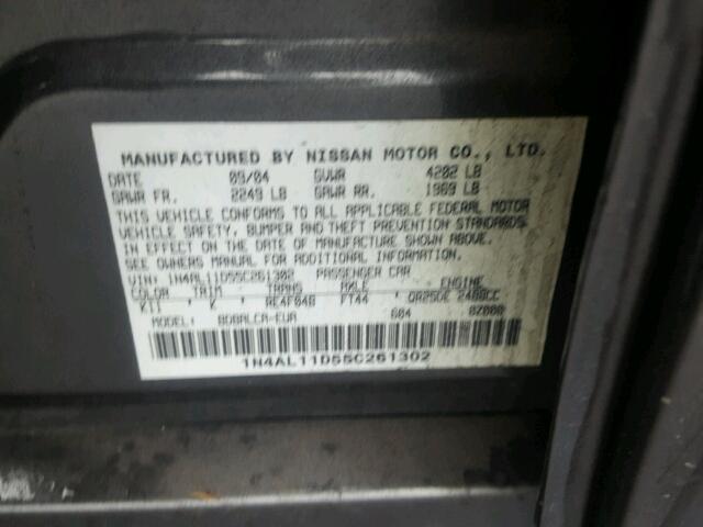 1N4AL11D55C261302 - 2005 NISSAN ALTIMA S GRAY photo 10