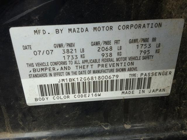 JM1BK12G681800679 - 2008 MAZDA 3 I BLACK photo 10