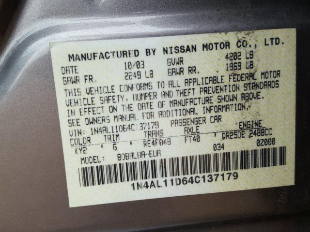 1N4AL11D64C137179 - 2004 NISSAN ALTIMA BAS GOLD photo 10