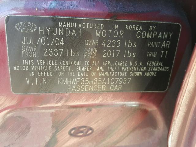 KMHWF35H35A107937 - 2005 HYUNDAI SONATA GLS BURGUNDY photo 10