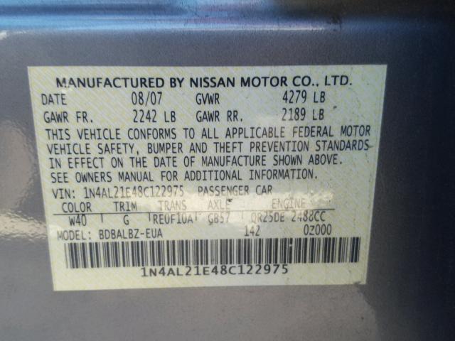 1N4AL21E48C122975 - 2008 NISSAN ALTIMA 2.5 SILVER photo 10