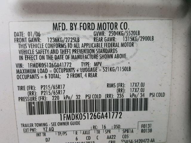 1FMDK05126GA41772 - 2006 FORD FREESTYLE WHITE photo 10