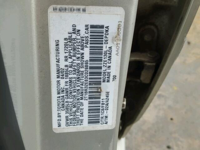 2T1BR32E83C026865 - 2003 TOYOTA COROLLA CE SILVER photo 10