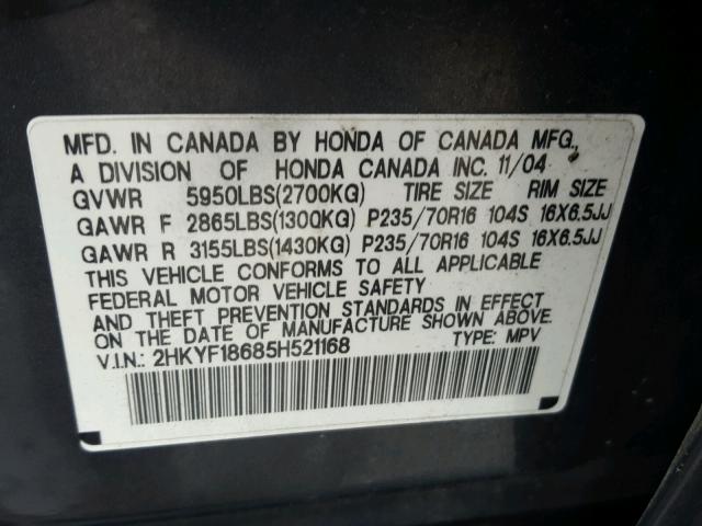 2HKYF18685H521168 - 2005 HONDA PILOT EXL GRAY photo 10