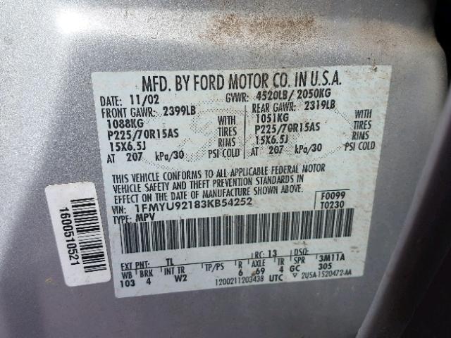 1FMYU92183KB54252 - 2003 FORD ESCAPE XLS SILVER photo 10