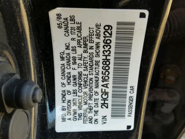 2HGFA16568H336129 - 2008 HONDA CIVIC LX BLACK photo 10