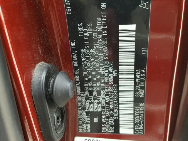 5TDZK23C47S084818 - 2007 TOYOTA SIENNA CE RED photo 10