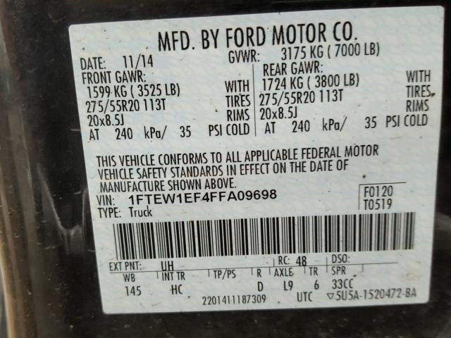 1FTEW1EF4FFA09698 - 2015 FORD F150 SUPER BLACK photo 10