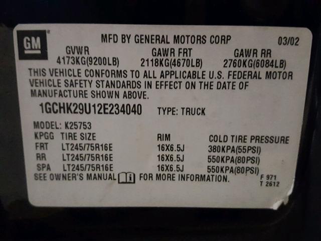 1GCHK29U12E234040 - 2002 CHEVROLET SILVERADO BLACK photo 10