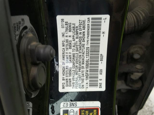 1HGFA16806L133229 - 2006 HONDA CIVIC EX შავი ფოტო 10