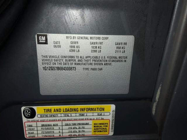 1G1ZG57B684300873 - 2008 CHEVROLET MALIBU LS ნაცრისფერი ფოტო 10