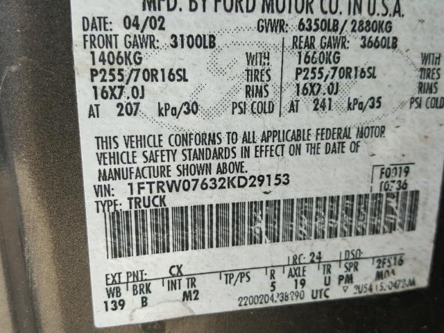 1FTRW07632KD29153 - 2002 FORD F150 SUPER GRAY photo 10