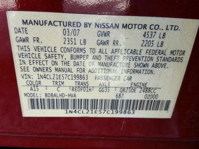 1N4CL21E57C199863 - 2007 NISSAN ALTIMA HYB RED photo 10