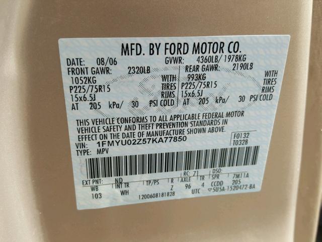 1FMYU02Z57KA77850 - 2007 FORD ESCAPE XLS BROWN photo 10