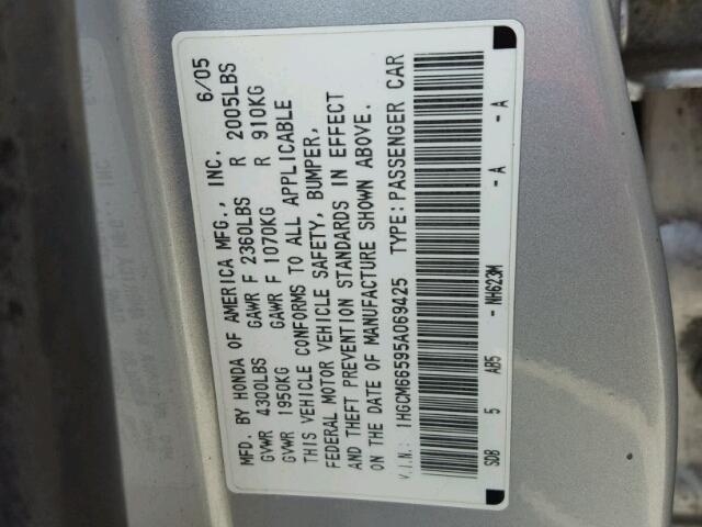 1HGCM66595A069425 - 2005 HONDA ACCORD EX SILVER photo 10