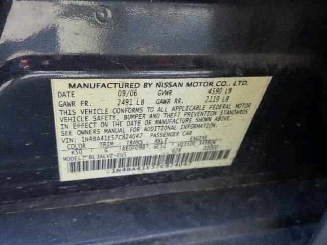 1N4BA41E57C824047 - 2007 NISSAN MAXIMA SE GRAY photo 10