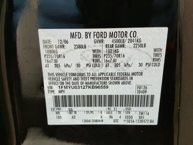 1FMYU03127KB96559 - 2007 FORD ESCAPE XLT BLACK photo 10