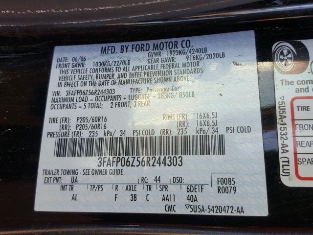 3FAFP06Z56R244303 - 2006 FORD FUSION S BLACK photo 10