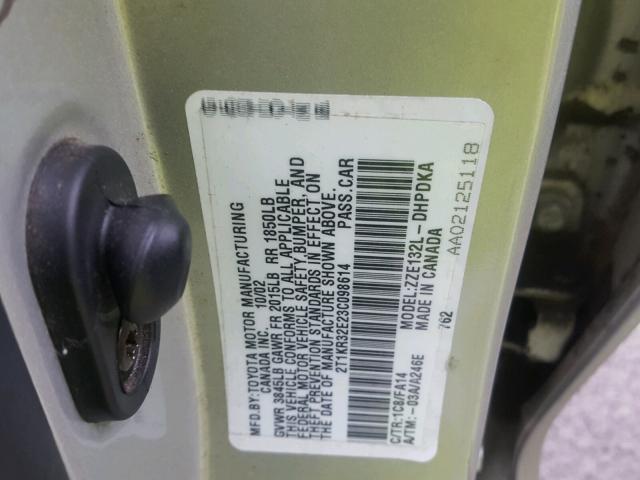 2T1KR32E23C098614 - 2003 TOYOTA MATRIX SILVER photo 10