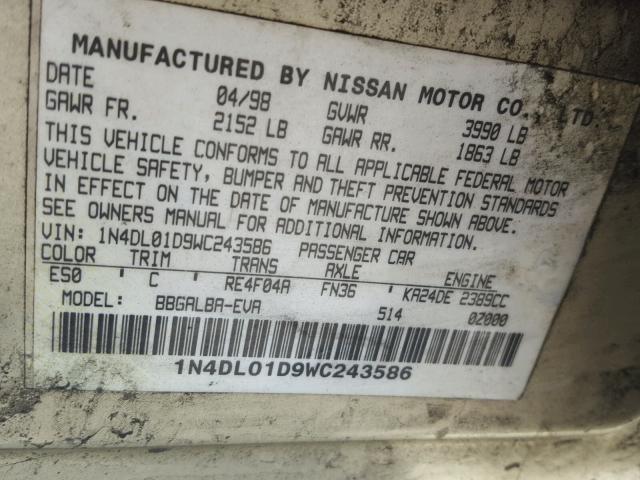 1N4DL01D9WC243586 - 1998 NISSAN ALTIMA XE TAN photo 10