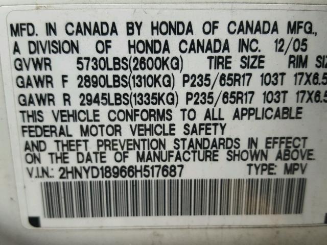 2HNYD18966H517687 - 2006 ACURA MDX TOURIN WHITE photo 10