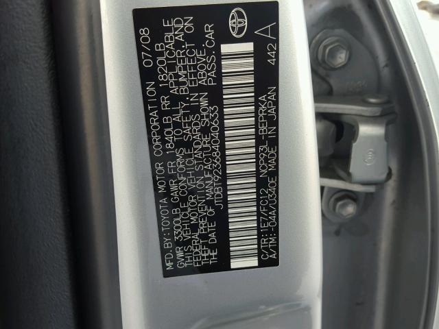 JTDBT923684040633 - 2008 TOYOTA YARIS SILVER photo 10