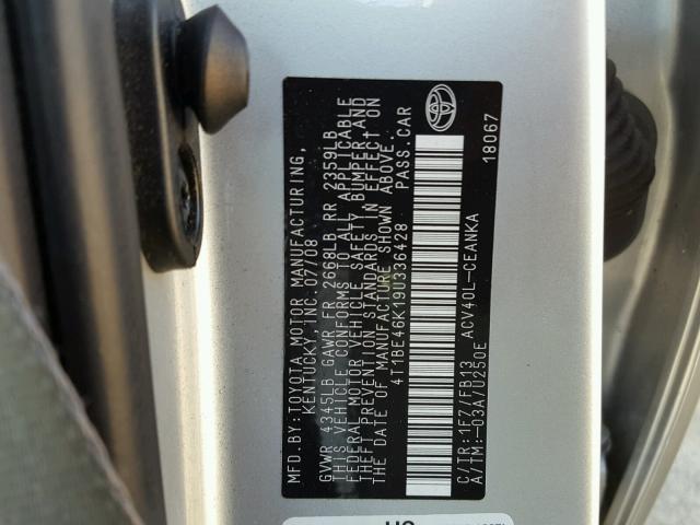 4T1BE46K19U336428 - 2009 TOYOTA CAMRY BASE SILVER photo 10